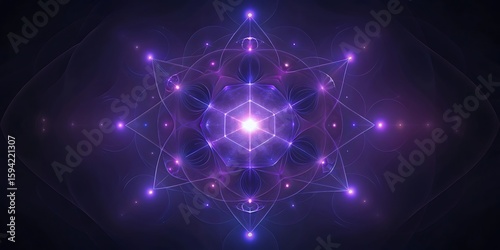 A luminous purple and blue sacred geometry mandala with glowing particles.