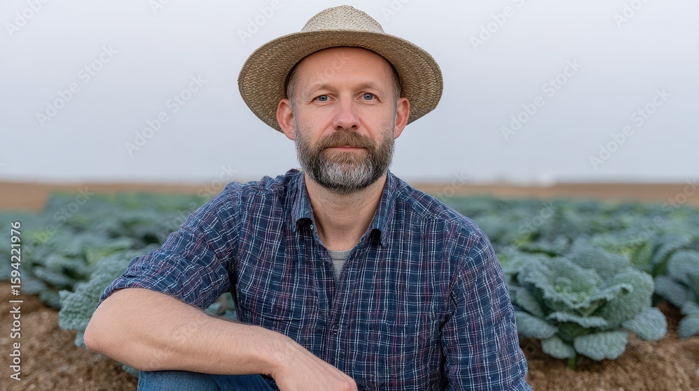 Fototapeta premium Farmer sitting peacefully amidst lush cabbage fields at dusk, showcasing dedication and harmony with nature. National Organic Month