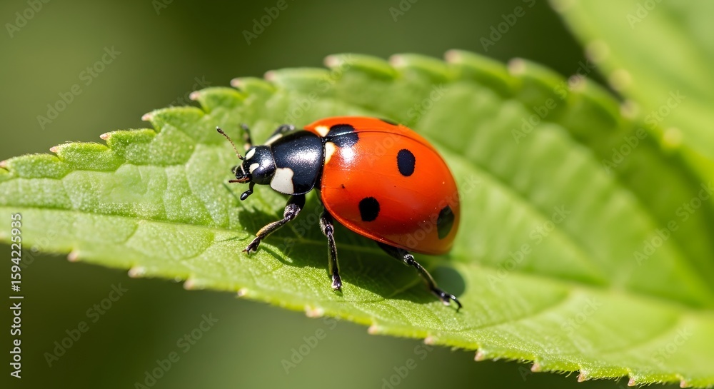 Close up of a bright red ladybug with black spots resting on a vibrant green leaf in the sunlight Close up of a bright red ladybug with black spots resting on a vibrant green leaf in the sunlight