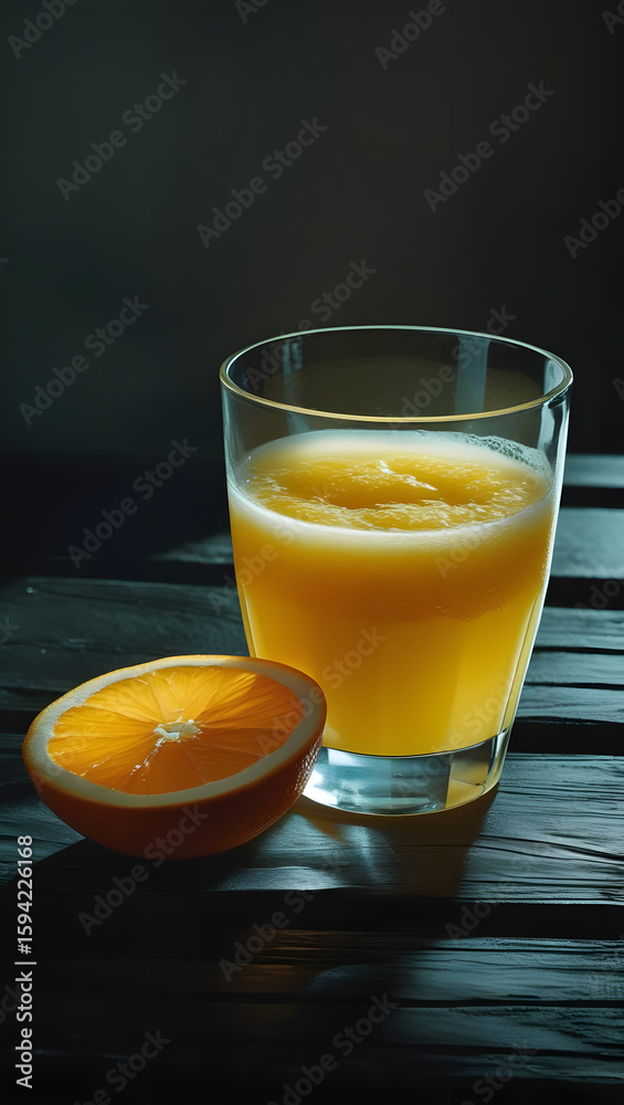 Fototapeta premium glass of orange juice on a wooden table