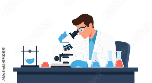 Scientist is in laboratory with microscope and scientific instruments, conducting medical or chemical research