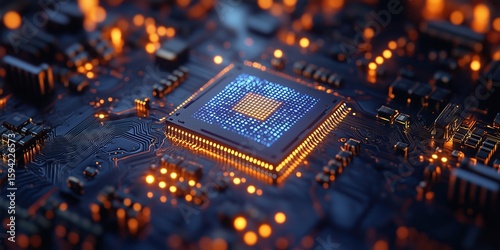 Close-up of a computer microchip controlling the operation of a circuit board
