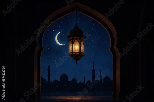Ramadan Lantern with Moon and Mosque Silhouette