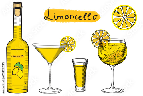 Limoncello bottle and spritz cocktail color vector illustration set in sketch style. Citrus yellow fruits and slice traditional italian liqueur. Classic sicilian shot aperitif clipart for packaging