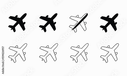 Collection of simple airplane icons in black and white for aviation and travel themes