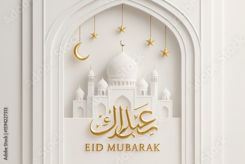 Eid Mubarak Greeting with Mosque, Moon, and Stars