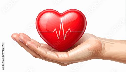 A hand holds a red heart with a heartbeat graphic, symbolizing health and care.
