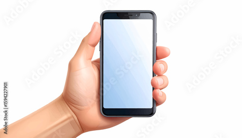 A human hand holding a smartphone, displaying a blank, blue screen.