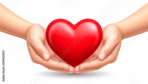 Hands holding a large, glossy red heart, symbolizing love and care.