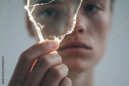 A person holds a broken mirror shard reflecting a younger, pained self. This image symbolizes integrating fragmented parts of the self with compassion. Ideal for inner child work