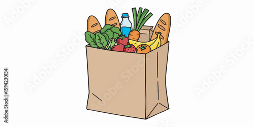 Vector illustration of a grocery bag filled with fresh food items.