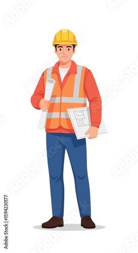  Male Construction Worker with Safety Vest and Helmet