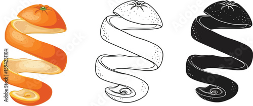 Orange peel illustration vector set: realistic, outline, and silhouette fruit design elements isolated on white
