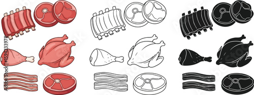 Selection of meat products illustration including chicken ribs steak and bacon for cooking recipes