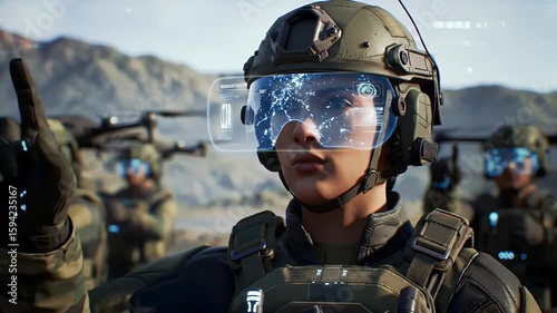 Futuristic Soldier Using AR Command System. A soldier uses augmented reality for battlefield operations, integrating AI and HUD technology in a high-tech military environment.