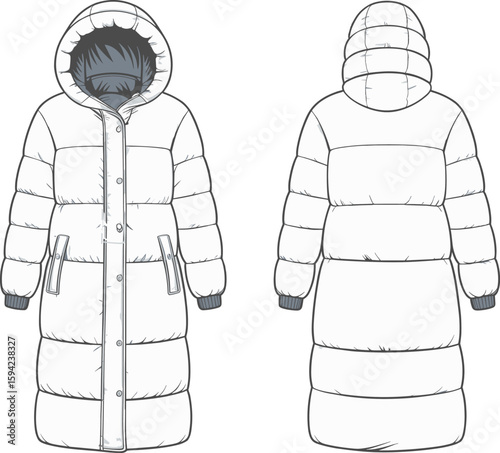 Long hooded puffer coat CAD drawing, flat vector fashion illustration, front and back view winter jacket technical sketch template
