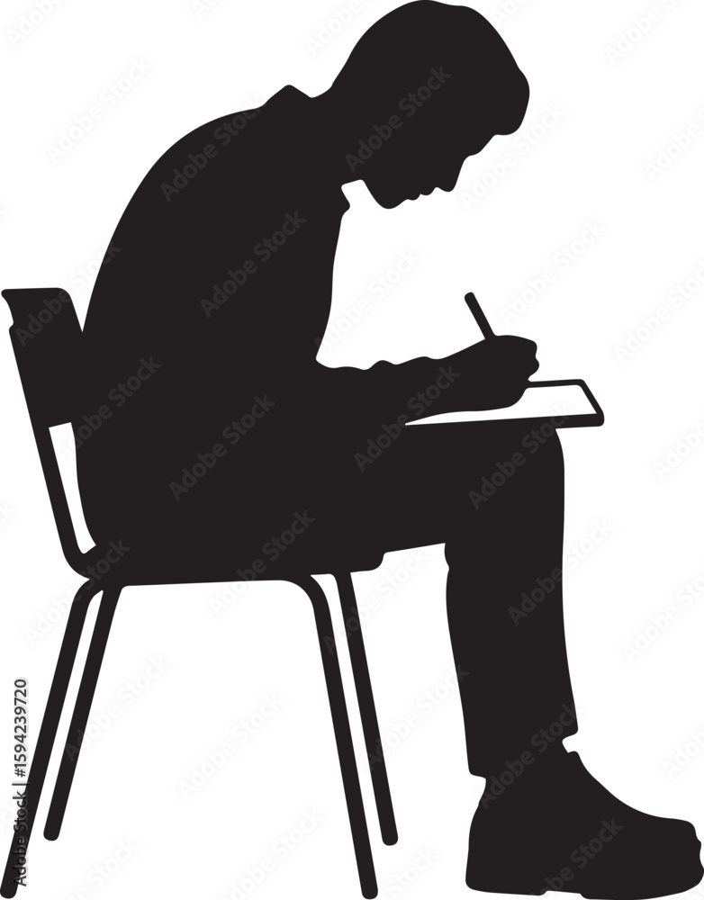 Fototapeta premium Silhouette Student Sitting and Writing on Clipboard or Notebook