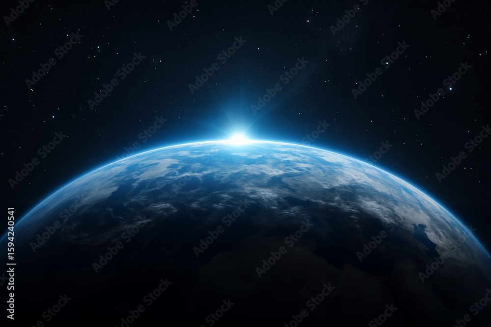 Obraz premium Scenic view of Earth rising over the horizon with bright sunlight in space, concept for science visualization, astronomical presentation and cosmic background.