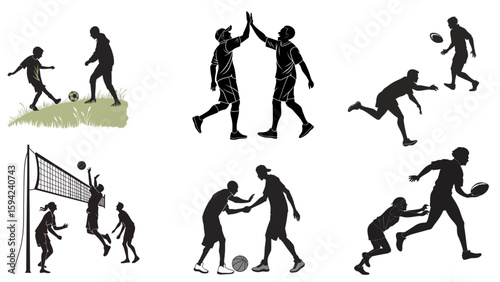 Vector set of friendly pickup game silhouettes showing recreational team sports