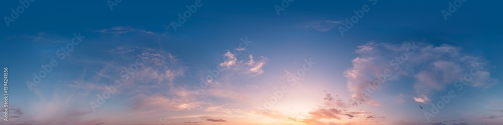Fototapeta premium Sunset sky with bright glowing pink Cirrus clouds. Seamless spherical HDR 360 panorama. Full zenith or sky dome in 3D, sky replacement for aerial drone panoramas. Climate and weather change.