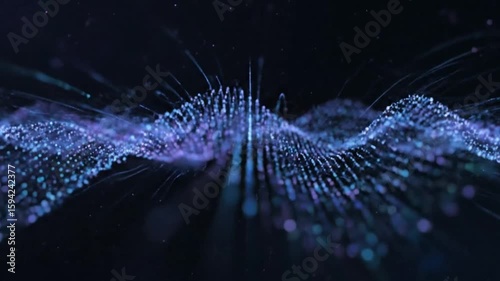 Abstract digital data wave with glowing particles and dynamic lines on a dark background, technology concept and data visualization. 3d animation