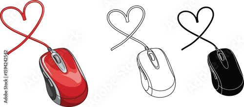 Computer mouse with heart cable vector illustration for love technology and valentine's day design