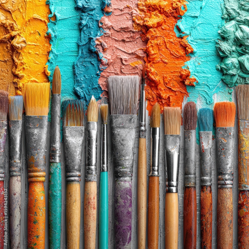 Fototapeta premium Vibrant Artistic Paintbrushes Against a Colorful Textured Background, Ideal for Creative and Artistic Themes