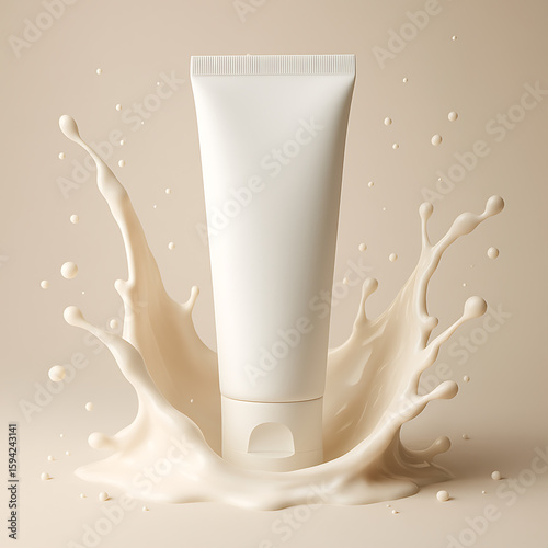 Elegant Cream Tube Mockup Surrounded by a Splash of Moisturizing Lotion Ideal for Cosmetic and Beauty Product Displays
