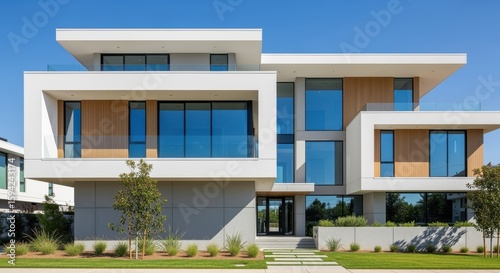 Modern Architectural Marvel: An eye-level perspective of a stunning modern building with clean lines, expansive glass windows, and sophisticated architectural design set against a clear blue sky.