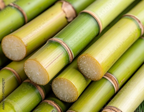Sugarcane Close-up: A detailed, photorealistic image presents fresh sugarcane stalks in their natural form, showcasing the textures and colors associated with this versatile ingredient.