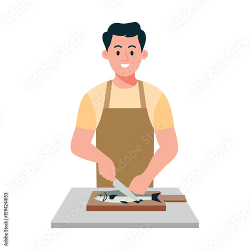 Man Slicing Fish with Knife