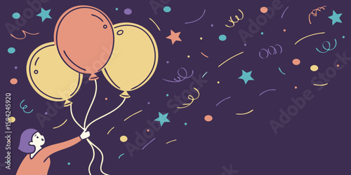 Bright birthday confetti dropping on clear background, cheerful birthday and party decoration for vertical social media design in purple background vector illustration.