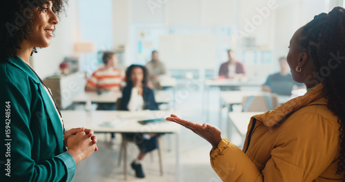 Obraz na plátně Classroom, teacher and listening to student, presentation or smile for oral in college or education