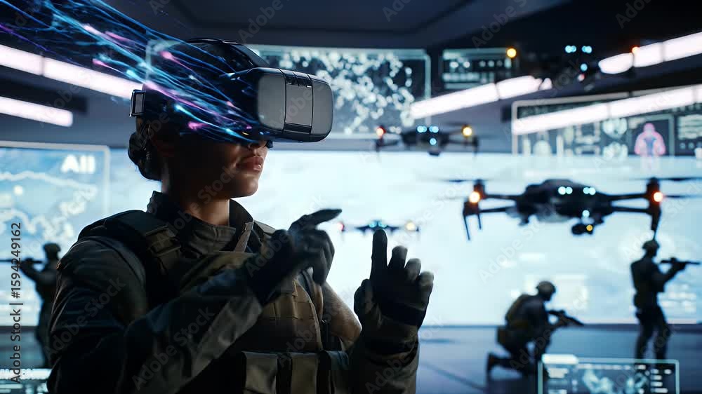 AI Military Training with VR and Drones. A soldier operates drones in a virtual reality environment supported by AI systems, simulating futuristic military combat scenarios.