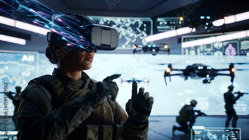 AI Military Training with VR and Drones. A soldier operates drones in a virtual reality environment supported by AI systems, simulating futuristic military combat scenarios.