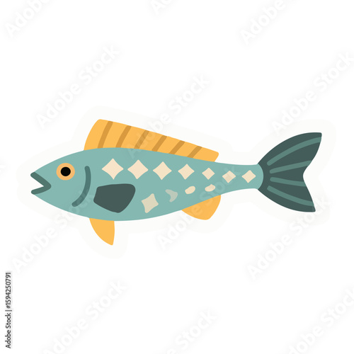 Stylized Teal Fish with Yellow Fins and Diamond Pattern.