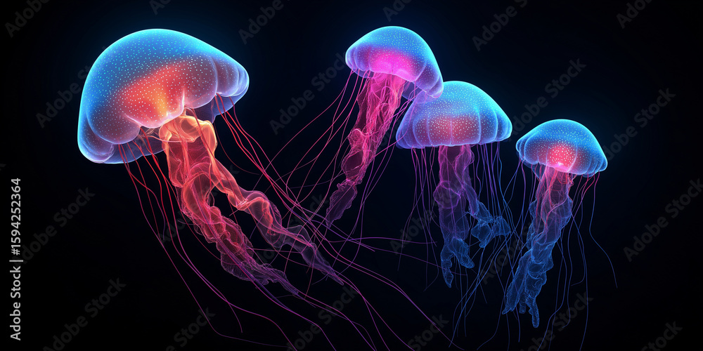 Glowing neon jellyfish float gracefully in dark ocean, their translucent bodies illuminated with vibrant colors. ethereal scene captures beauty and mystery of marine life Glowing neon jellyfish float gracefully in dark ocean, their translucent bodies illuminated with vibrant colors. ethereal scene captures beauty and mystery of marine life