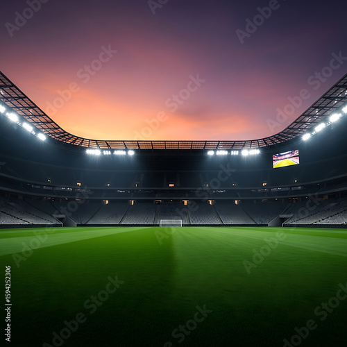 Spectacular View of an Empty Soccer Stadium under a Vibrant Sunset Sky with Lush Green Field