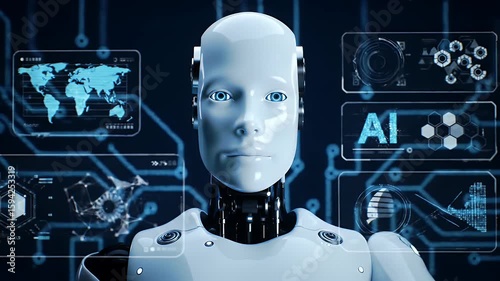 Advanced AI Robot in Digital Interface.  A futuristic AI robot interacts with a digital holographic interface, symbolizing cutting-edge artificial intelligence and cyber technology.