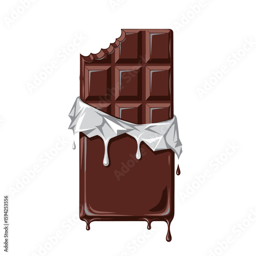 A bitten chocolate bar with melted chocolate and foil wrapper, isolated on white background.