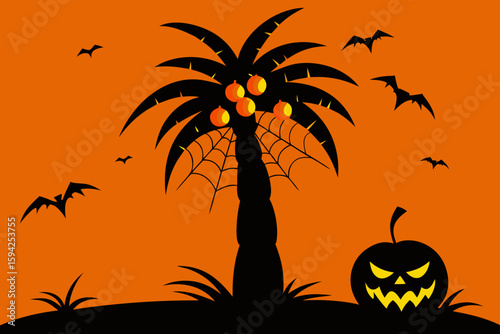 a bat and cobweb cactus spooky halloween element vector illustration