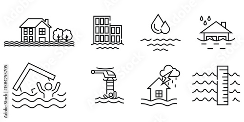 Flood icon collection. Various hazards caused due to heavy rainfall. Contains such as flood, rain, umbrella, earthquakes, storms impacting different icons. Vector illustration.