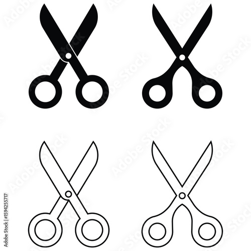 Scissors vector icon set. Collection scissors black on white background. Black silhouette of open scissors. Hairdresser pictogram. Vector Illustration.