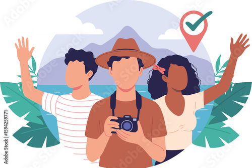 Animated Group of Tourists with Camera and Location Marker, Beach and Mountain Background