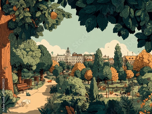 Serene Urban Park Landscape with Lush Trees and Vibrant Foliage