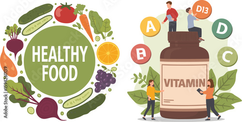 Balanced Nutrition Colorful Vegetables, Fruits, and Vitamin Supplements with People Interacting with the Bottle