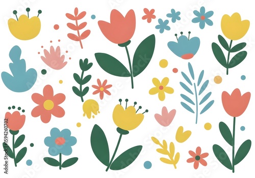 Wallpaper Mural seamless background with tulips, Collection of spring colorful flower elements vector. Set floral of wildflower, leaf branch, foliage on white background. Hand drawn blossom illustration for decor, ea Torontodigital.ca