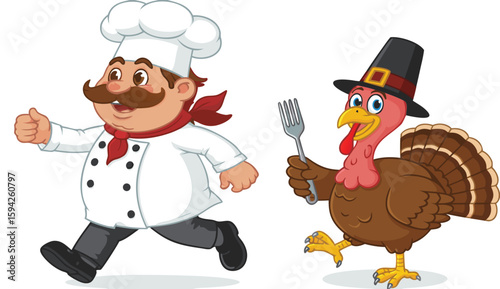 Cartoon Chef Chasing Thanksgiving Turkey with Fork, Pilgrim Hat, Festive Holiday Fun