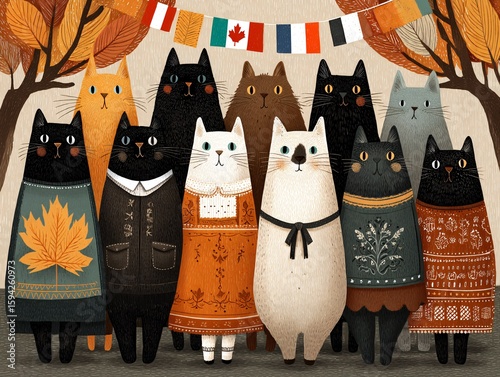 Group of Adorable Cats in Colorful Outfits Surrounded by Fall Leaves