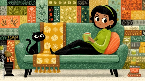 Cozy Indoor Scene with Woman Relaxing and Black Cat on Couch